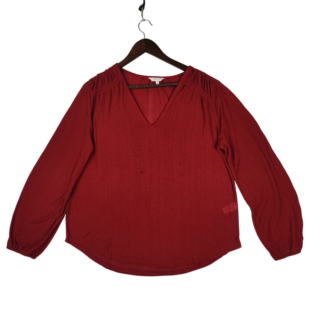 Lucky Brand Womens Red Semi Sheer V-Neck Peasant Top Long Sleeve Knit Sz L EUC
